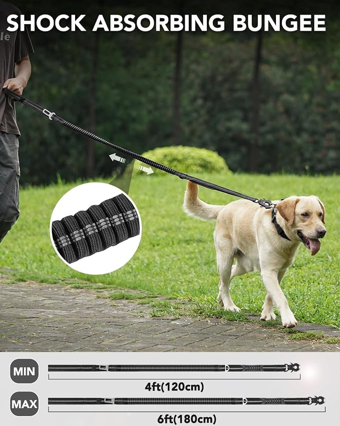 Joytale Tactical Dog Collar(17"-21") and Dog Leash Set, Shock Absorbing Bungee Dog Leash and Adjustable Strong Dog Collar with Handle for Large Dogs(Black, L)