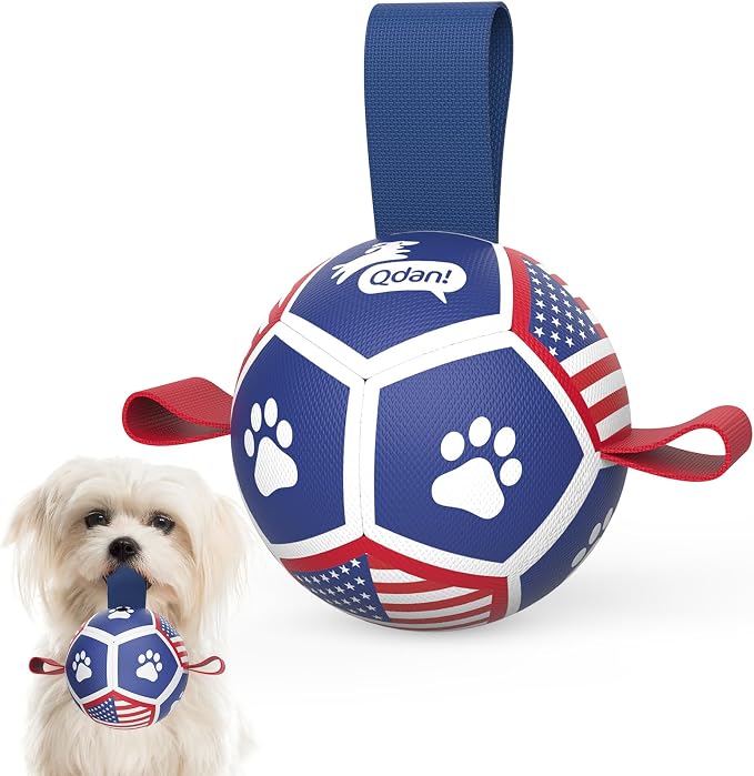 QDAN Puppy Balls, Small Dog Toys, Dog Balls with Straps for Small Breed | 3.5 Inch Small Soccer Ball for Dogs, Puppy Toys for 3-15 lbs Dogs, Dog Birthday Gift, Herding Ball for Small Dogs, Flag
