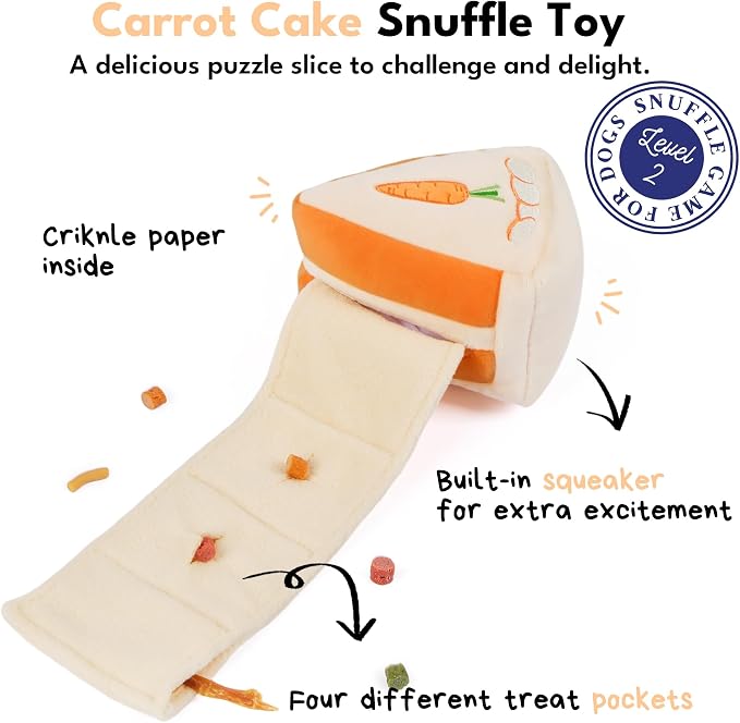 CHEWFFON Dog Interactive Toy, Puzzle Snuffle Carrot Cake for Enrichment | Treat-Hiding, Squeaky & Crinkle, Boredom Relief and Mental Stimulation, Indoor Brain Game for Small Medium Dogs