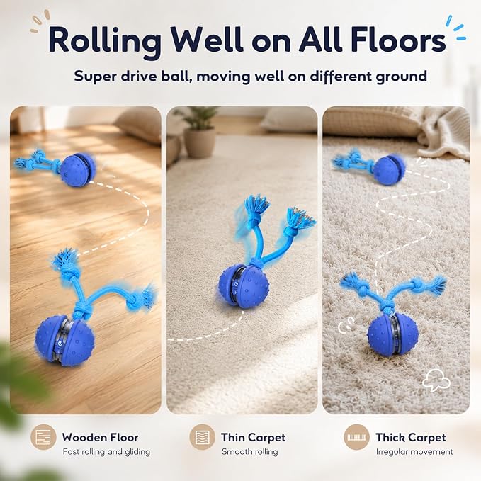 Interactive Dog Toys, Automatic Moving Dog Ball with Rope, Motion Activated, Squeaky, USB Rechargeable, Active Rolling Ball for Puppy