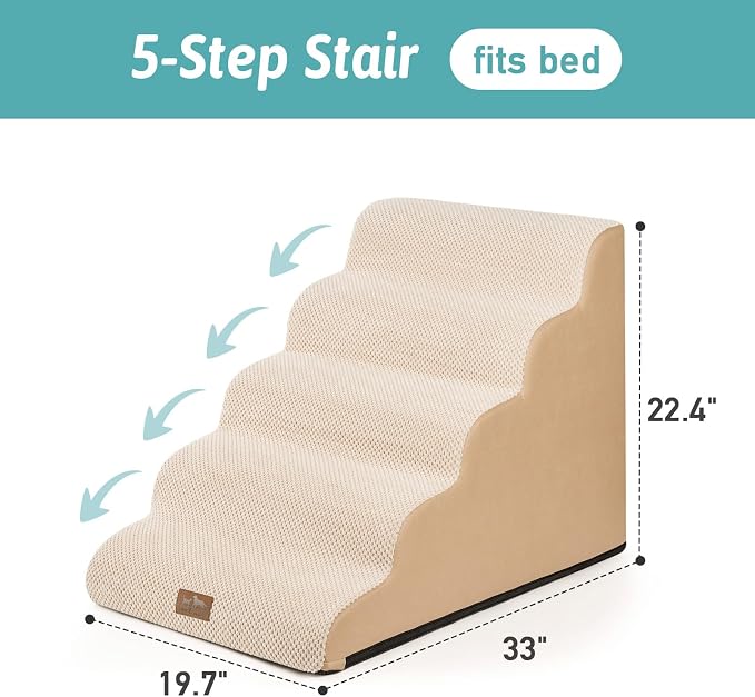 COZY KISS Wide Dog Stairs 19.7" Width, Pet Step for Small Medium/Large Dog, Puppy or Cat, Pet Ramp for High Bed or Car, High Density Foam Ladder, Stable, 5 Step, 19.7x33x22.4 in, Beige