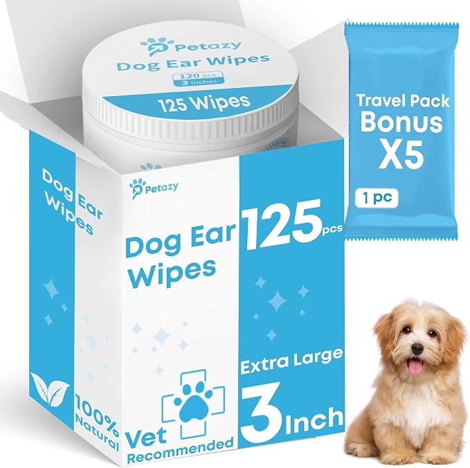 Petazy Dog Ear Wipes for Dog Yeast Wax Itch and Odor | Unscented Dog Ear Cleaner for Dogs | Natural Cleaning Puppy Ear Wipes | Soothing Ear Wipes for Pets Cat | Natural Ingredients | 120 XL Pcs