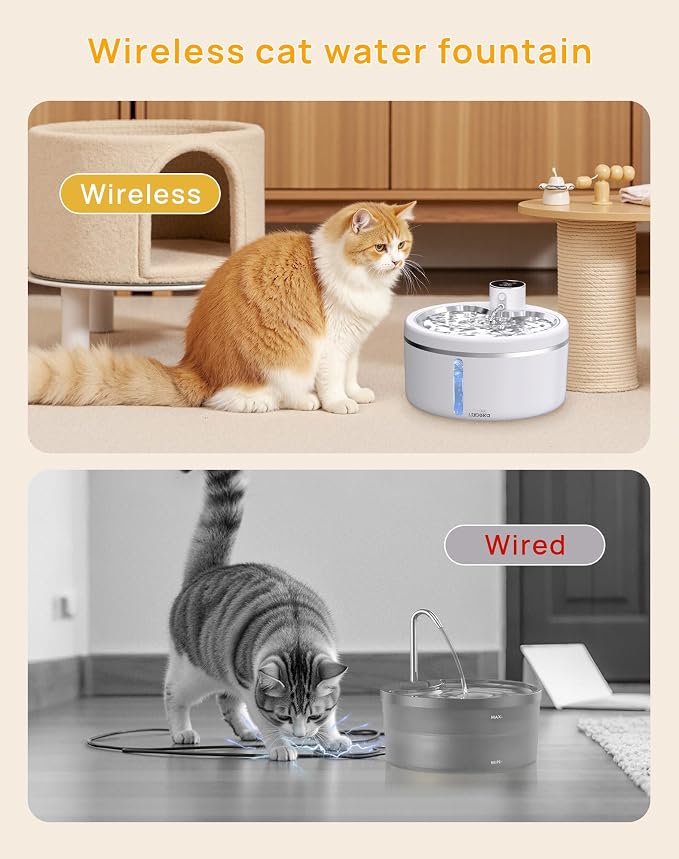 Wireless Cat Water Fountain [with Stainless Steel Tray], 84oz/2.5L Pet Fountain for Cats Inside, Cat Fountain for Drinking with Motion Sensor, Ultra Quiet for Small Animals-[BPA-Free] (84oz+8Filters)