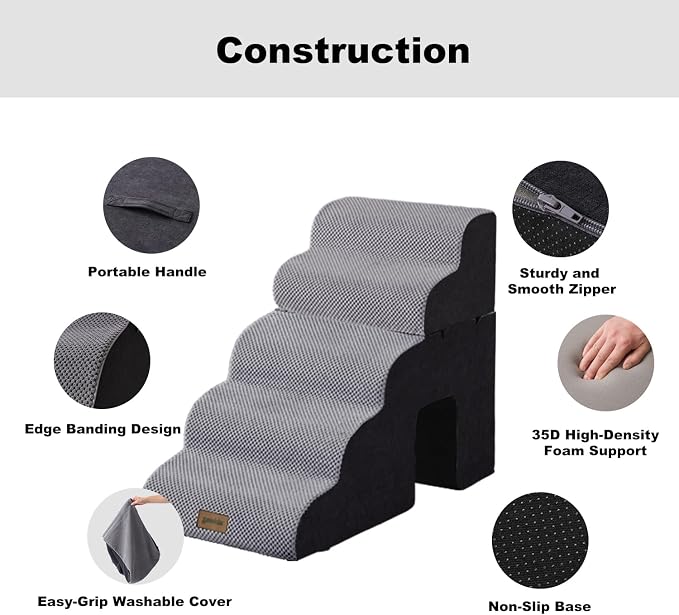 ZOMISIA Dog Ramp for Large Dogs - 24" H 5 Steps Pet Stairs for High Bed with Tunnel 2 in 1 with Zippers Suitable, Indoor Cat Ladders with Non-Slip Bottom, Black