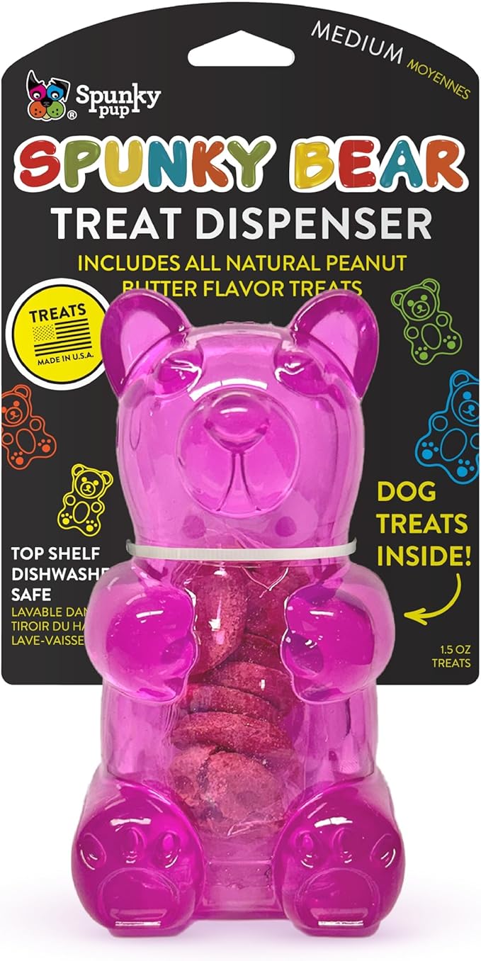 Spunky pup Spunky Bear Interactive Dog Toys with Treats Included - Treat-Holding Puzzle for Boredom & Stimulation - Peanut Butter Flavor - Dishwasher Safe - Assorted Neon Colors- Medium