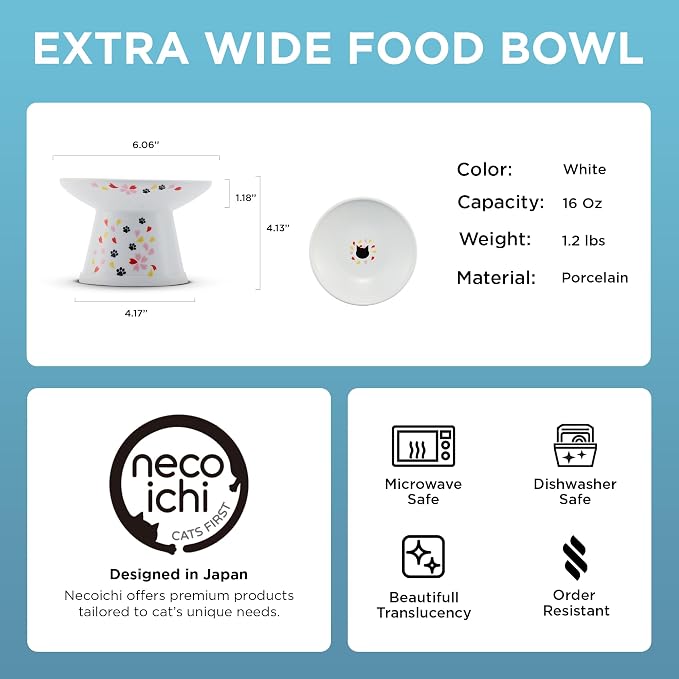 Necoichi Raised Cat Food Bowl – Ceramic Elevated Cat Bowl for Whisker & Neck Fatigue, Dishwasher Microwave Safe – Non-Slip & Anti Vomiting Ergonomic Design (Sakura Floral, Extra Wide, 2-Cups Capacity)