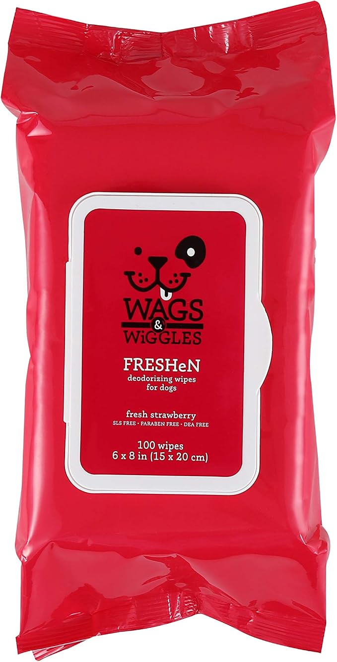 Wags and Wiggles Freshen Deodorizing Wipes for Dogs, Fresh Strawberry Scent - Dog Wipes that Eliminate Odors Between Baths, Easy at-Home Grooming, Dogs and Puppies, 100 Count - 12 Pack