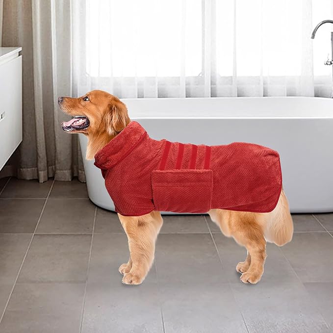 Dog Bathrobe Towel Geyecete Dog Drying Coat-Pineapple Grid Fast Drying Super Absorbent Pet Dog Cat Bath Robe Towel-Red-L