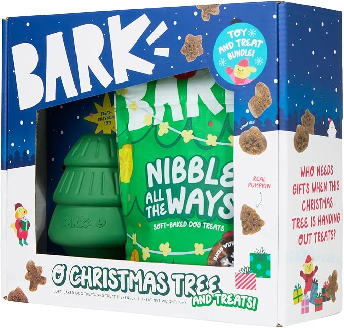 BarkBox O'Christmas Tree & Treat Set | Pumpkin Dog Treats with Durable, Treat Dispensing Chew Toy - Fun Stocking Stuffer for Aggressive Chewers