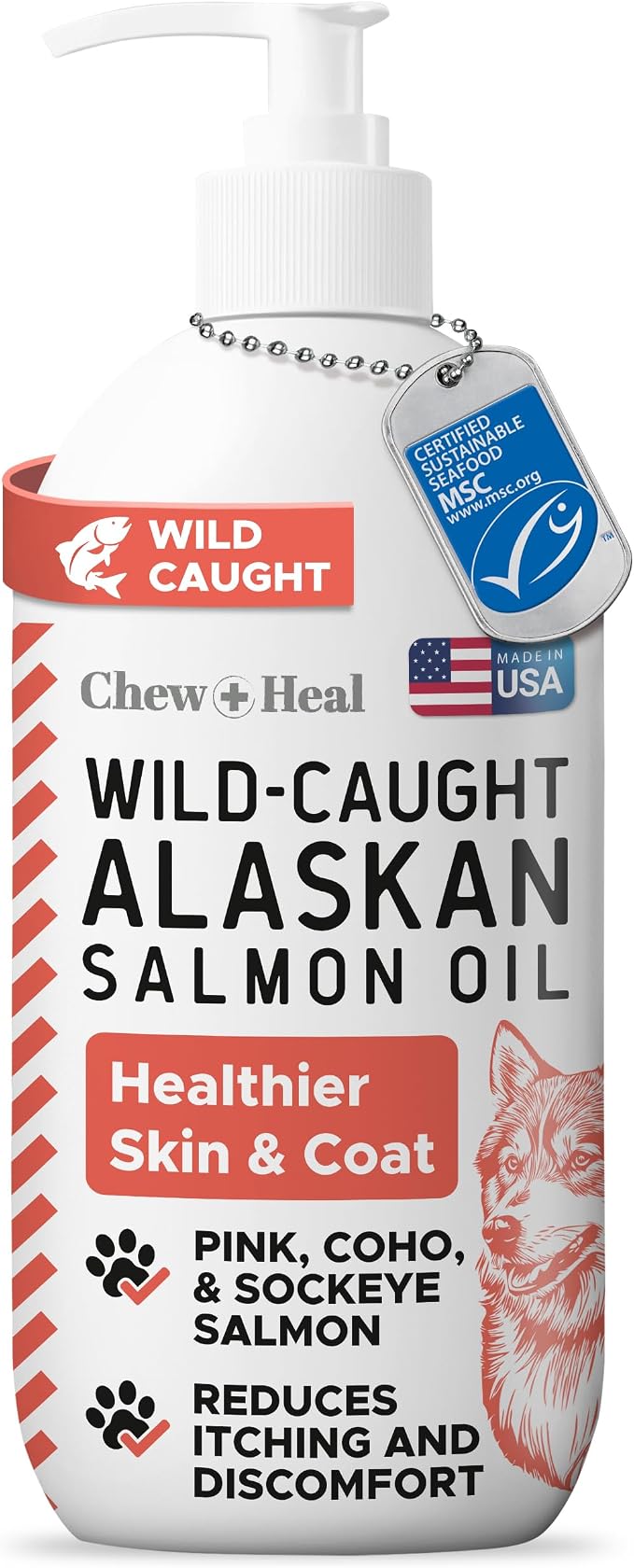 Alaskan Salmon Oil for Dogs and Cats 8oz - Fish Oil Omega 3 EPA & DHA for Skin and Coat, Shedding, Itchy Skin and Allergies, Joint Support - Liquid with Pump, MSC Certified, Made in USA - Chew + Heal