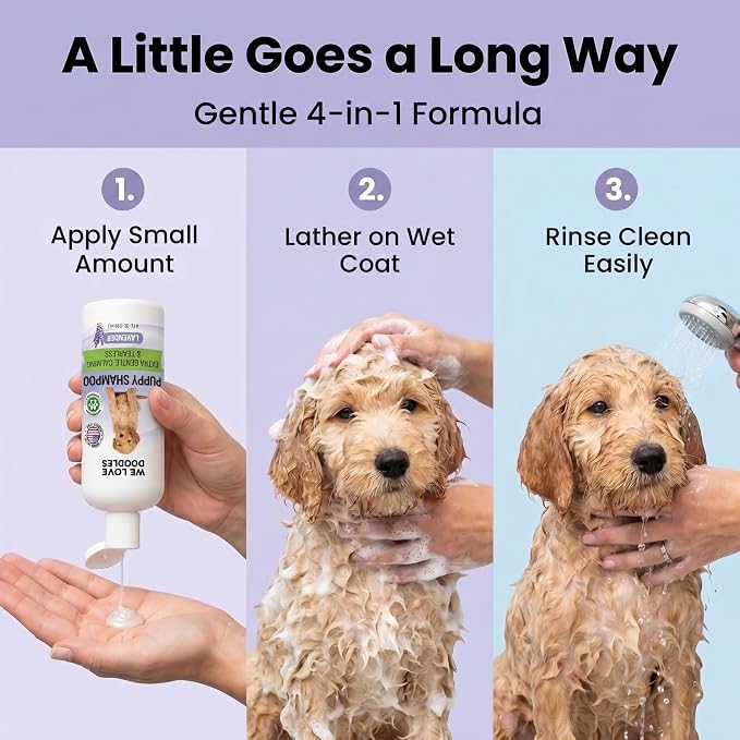 Puppy Shampoo & Conditioner, Tearless Hypoallergenic Wash, Lavender, 8 oz | Best Gentle Tear Free Puppy Shampoo 8+ Weeks Old, Sensitive Skin Golden Doodle Dog & Poodle Bath Soap, Natural, Made In USA