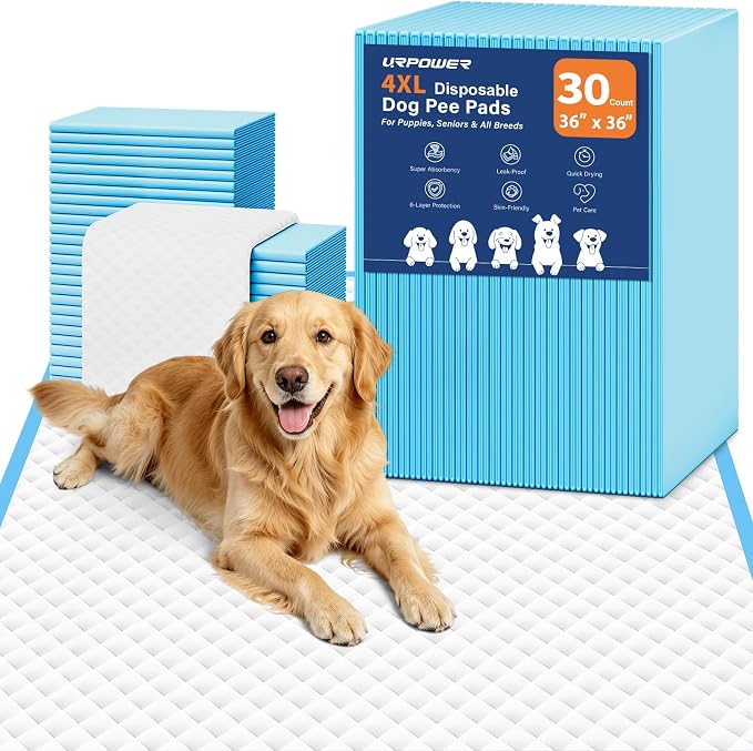 URPOWER Extra Large Dog Pee Pads 36"x 36" 30 Count, 4XL Super Absorbent Puppy Pads Disposable Potty Training Pad for Dogs & Cats, Leak-Proof Pet Pee Pad for Cars, Trucks and SUVs