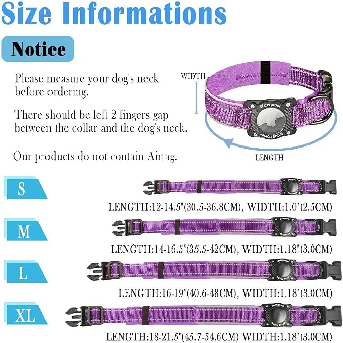 Upgrade Dog Collar with AirTag Holder, IP68 Waterproof, Purple, S | 1000D Nylon, Reflective Stitching for Night Visibility, Adjustable Soft Padded, Ultra-Durable, for Small Medium Large Dogs