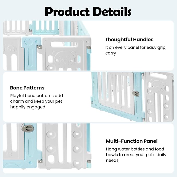 Dog Playpen, Large Pet Playpen with Cute Patterns & 1 Door & 11 Freely Combinable Panels Dog Fence Large Crate for Pets Pet Safety Fence Pet Essentials for Small/Medium Dogs (Blue & White)