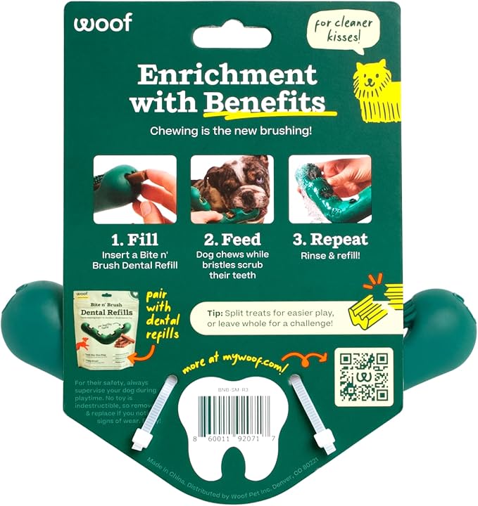 WOOF The Bite n' Brush - Dog Toothbrush Toy - Scrub Plaque and Tartar from Your Dog's Teeth and Mouth - Dog Dental Chew Toy - Small