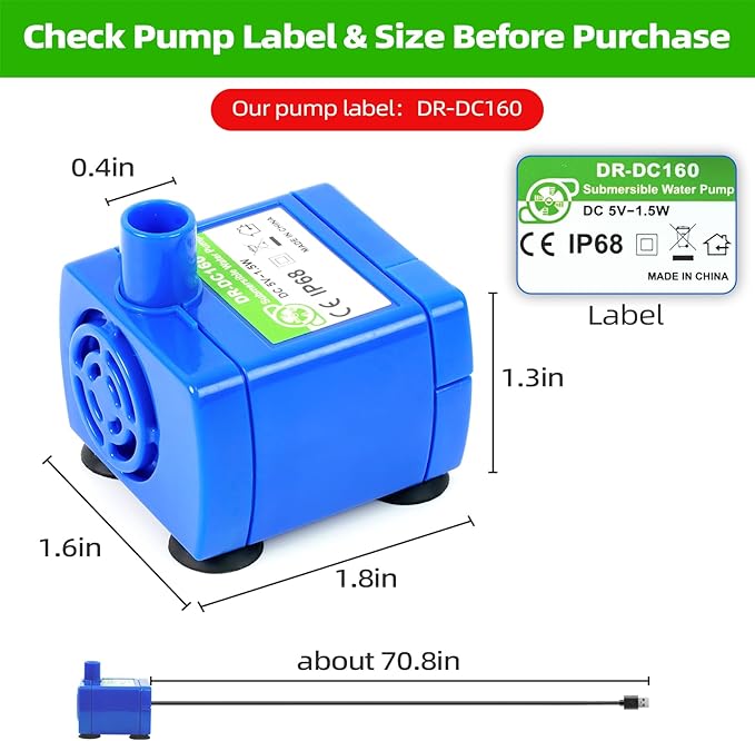 Cat Water Fountain Pump replacement(No Led & with Brush), IP68 DR-DC 160 submersible motor Submersible Water Pump for Stainless Steel, Ceramic Cat Water Fountain, Ultra Quiet Pet Fountain Pump