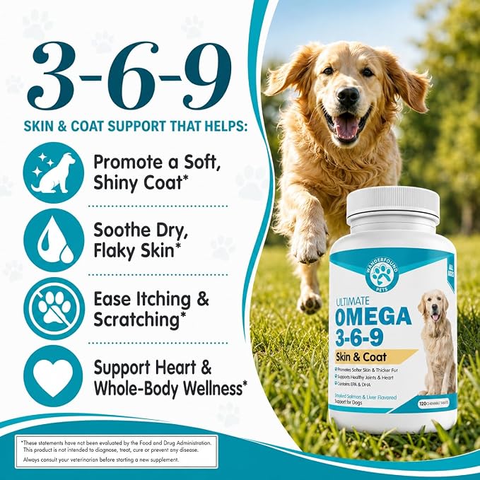 Wanderfound Pets - Omega 3 Fish Oil for Dogs, Smoked Salmon and Liver Flavor, 120 Chewable Tablets