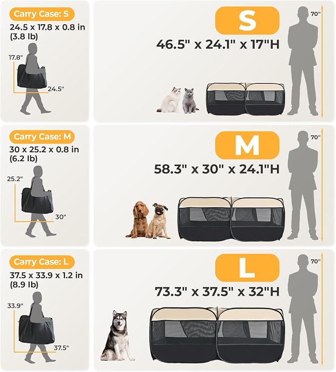 2-in-1 Dog Playpen 58''Pop Up Cat Pet Playpen, Assembly-Free Indoor Outdoor Kitten Enclosure, Kitten Pen Cat Cage Portable Puppy Tent Crates Kennel for Small Animals(No Divider, Unified Space)