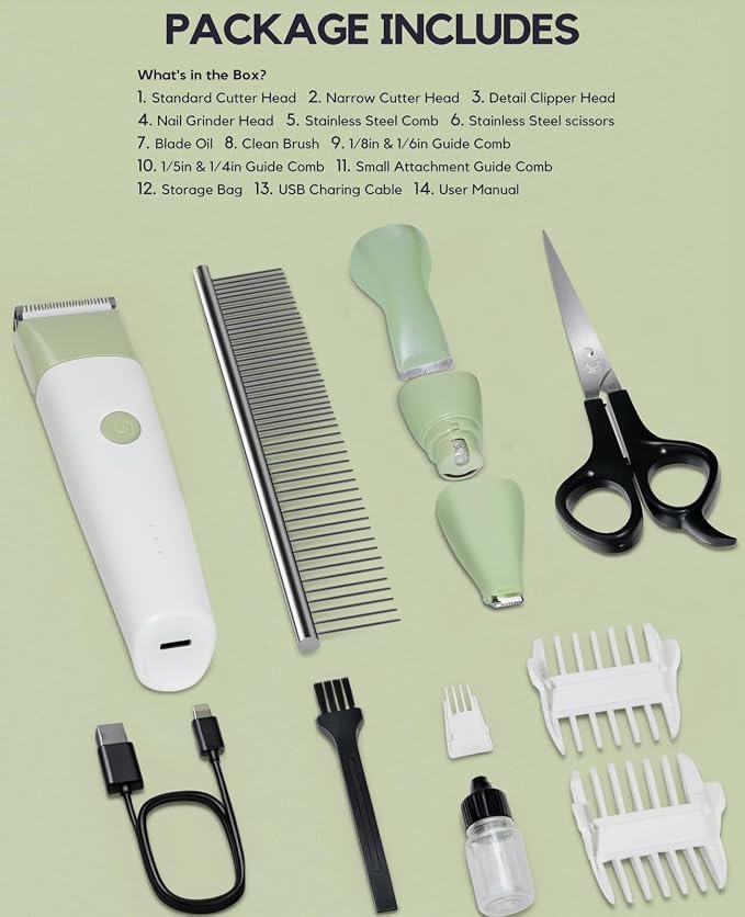 4-in-1 Dog Clippers Grooming Kit - Paw Trimmer & Nail Grinder, Green