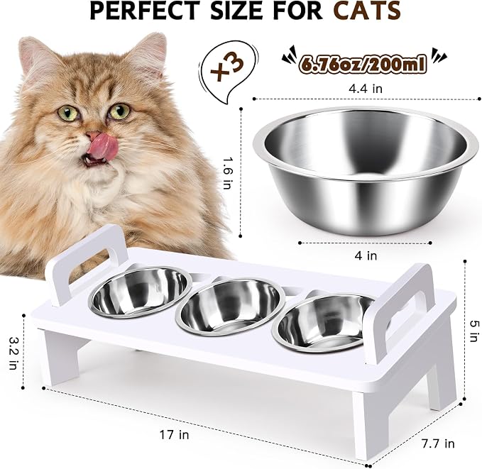 Bamboo Elevated Cat Bowls, 3 Stainless Steel Raised Cat Bowl with Stand, 15°Tilted Cat Feeding Station, Cat Food and Water Bowl Set for Small Cats, Anti Vomitting, Whisker Fatigue (Natural) (White)