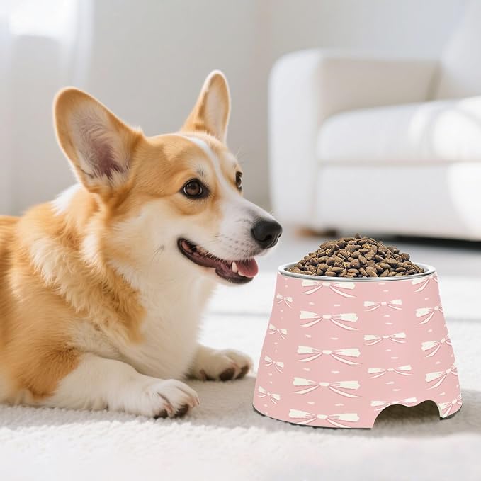 Blueangle Elevated Dog Bowls with Stainless Steel - Non-Slip 2.3 Cup High Capacity Pet Dish for Spinal Health & Pink Ribbon Bow Design（109）
