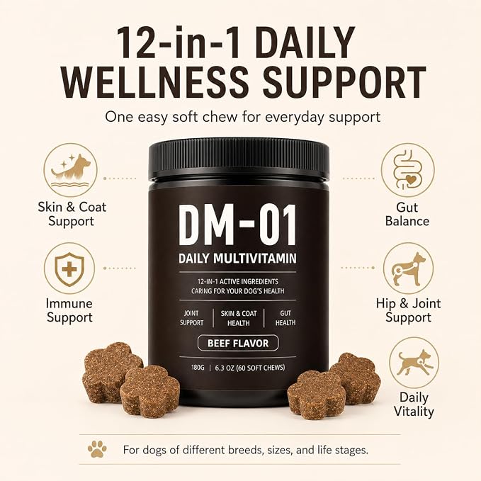 DM-01 Daily Multivitamin Itch Relief for Dogs, 12-in-1 Soft Chews with Glucosamine, MSM, Probiotics, Salmon Oil & Vitamins, Joint & Gut Support, Every Dog is Family, Loved by Humans, Beef, 60 Count