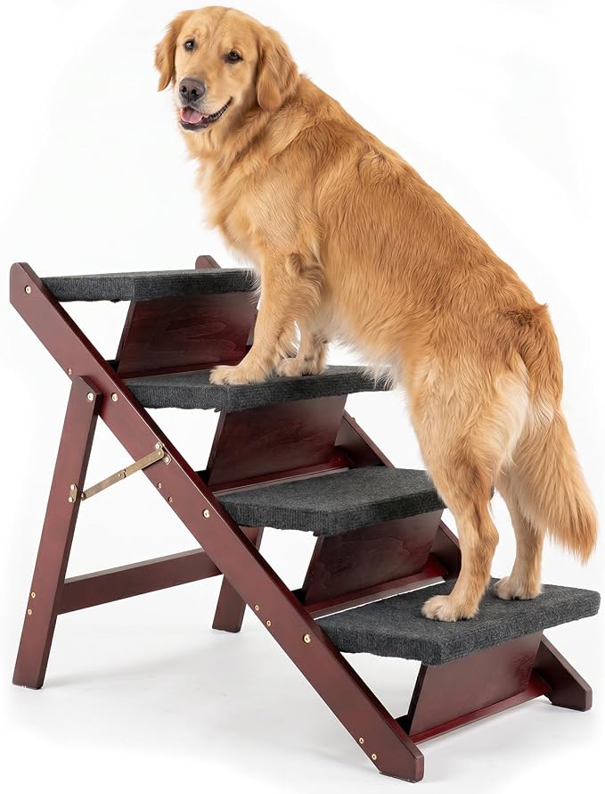 MEWANG Wooden Pet Stairs/Pet Steps - 3-in-1 Foldable Stairs & Ramp for Tall Beds and Cars - Portable Dog/Cat Ladder Up to 220 Pounds - for Small and Older Animals(Brown) (31.5" L x 17.2" W x 25.0" H)