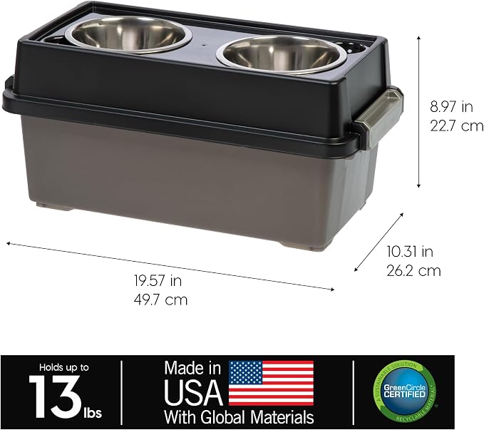 IRIS USA Dog Bowls Elevated with Storage, 9" H Raised Feeding Station with Airtight Food Container Holds Up to 13 lbs, Dog Bowl Stand for Small Dogs, Indoor Pet Feeder, Smoke/Black