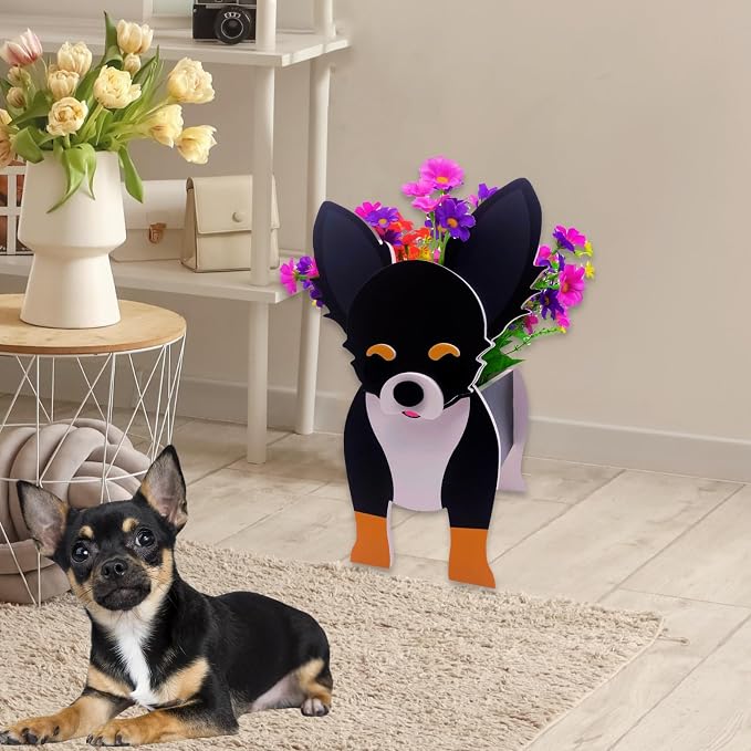 Black and White Chihuahua Dog Planter, Animal Shaped Flower Pot