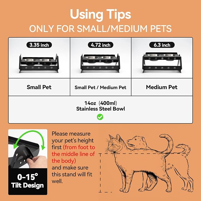 JUNSPOW Elevated Dog Bowls with 2 400ml Stainless Steel Bowls for Small Medium Dogs Cats, 3.35''-6.3'' Height Adjustable and 15° Tilted Adjustment Raised Stand, Lifted Pet Food & Water Feeder