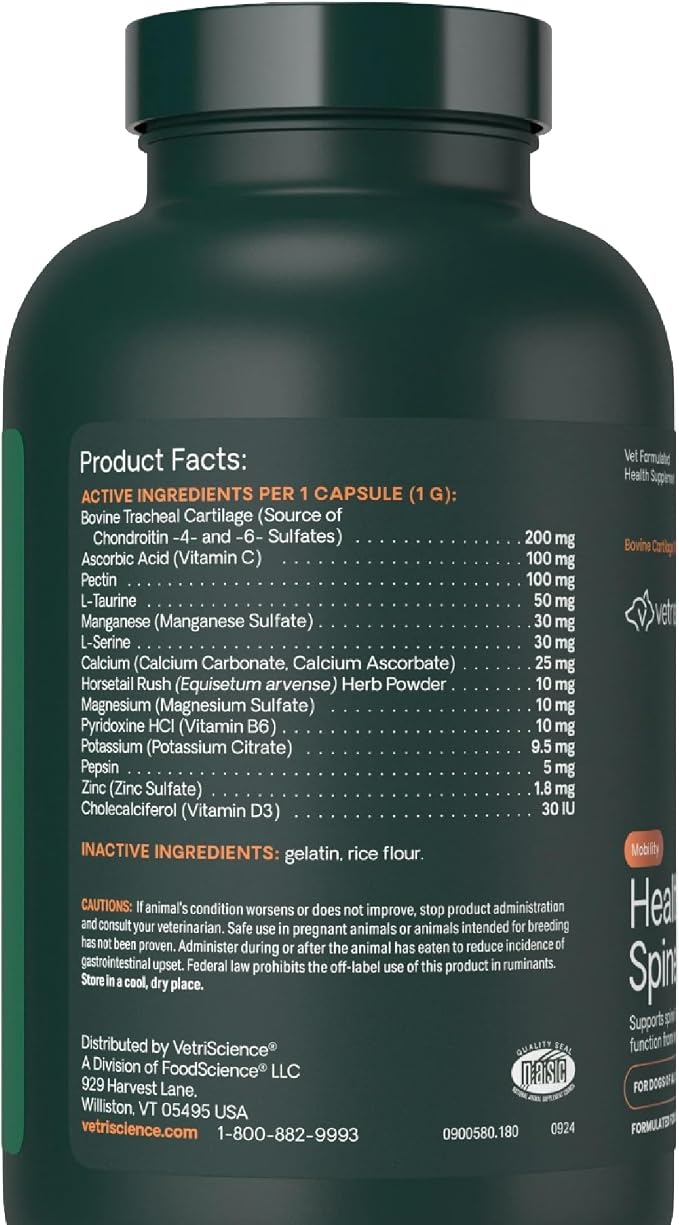 VetriScience Healthy Spine & Disc Easy-Open Capsules, Back and Spinal Support Chondroitin and Taurine Supplement for Dogs, Perfect for Dachshunds, Corgis, Frenchies, Basset Hounds & More, 180 Count