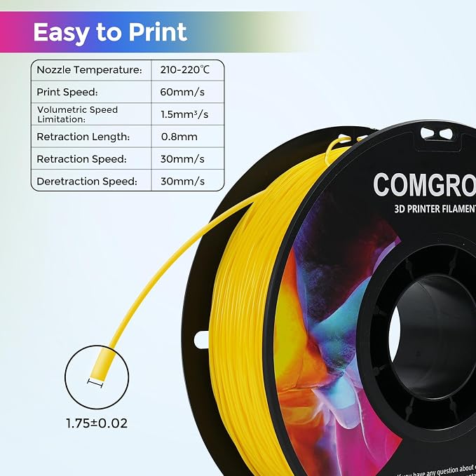 Comgrow TPU Filament 1.75, Flexible 3D Printer Filament, 95A Soft fit Most 3D Printers Dimensional Accuracy +/- 0.02mm TPU Yellow 1kg (2.2lbs)