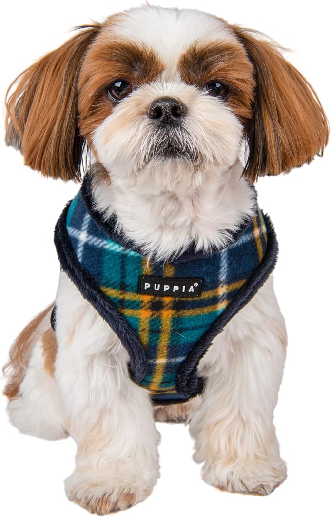 Puppia Norman Dog Harness Over-The-Head Warm Winter Checkered Pattern Adjustable Chest for Small and Medium Dog, Navy, Medium