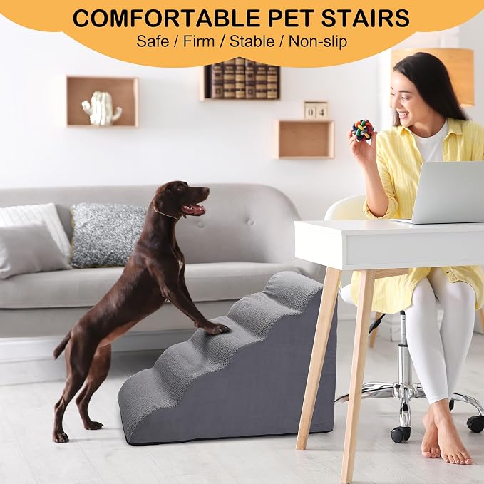 CiWiVOKi Dog Stairs for Bed, 5-Step Dog Steps for Couch and High Bed, Non-Slip Pet Stairs, 24" High Sofa Foam Ramp - Best for Small Pets, Older Cats with Joint Pain