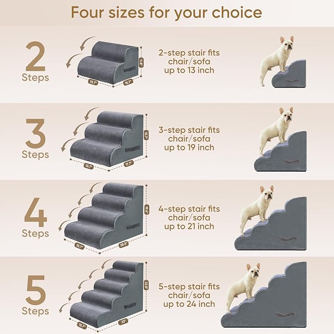 PAWSCRAT Pet Stairs for Dogs 4-Step, 19.6" H Pet Stairs for High Bed, Couch Sofa & Chair, 30D Material Soft Foam Dog Steps with Non-Slip Bottom Surface Removable Washable Cover, Grey