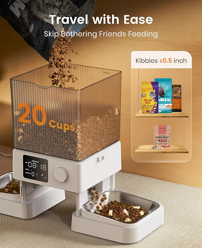 oneisall Automatic Cat Feeder for 2 Cats, 20 Cups/5L Automatic Cat Food Dispenser for Small Pets Indoor, Timed Cat Feeder for Dry Food(White)