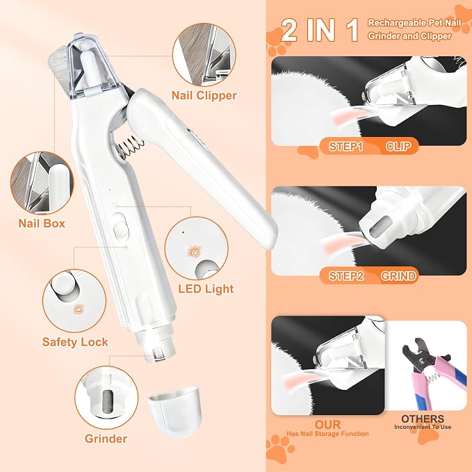2-in-1 Dog Nail Grinder & Cat Nail Clippers with 2 LED Lights - White