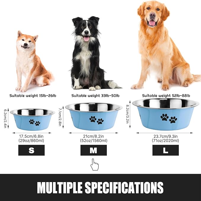 Stainless Steel Dog Bowls, Nonslip Rubber Bottom No Spill Proof Skid Metal Insulated Dog Bowls for Large Medium Small Breed Dogs (Blue, 6.6 Cups/53 OZ)