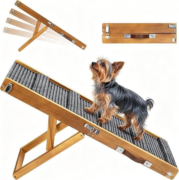 Pawaboo Foldable Dog Ramp for Couch & Sofa – 4 Adjustable Heights (13"-21") with Non-Slip Pad, Portable Pet Stairs for Small Dogs & Car, Supports Up to 33 lbs, Walnut