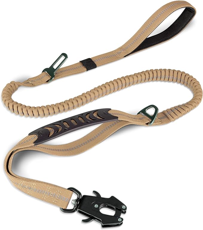 Joytale Tactical Bungee Dog Leash, Shock Absorbing No Pull, Coyote Brown | for Large Dogs That Pull, 2 Padded Handles for Control, Car Seatbelt Clip, Reflective for Night Safety, Metal Frog Clip