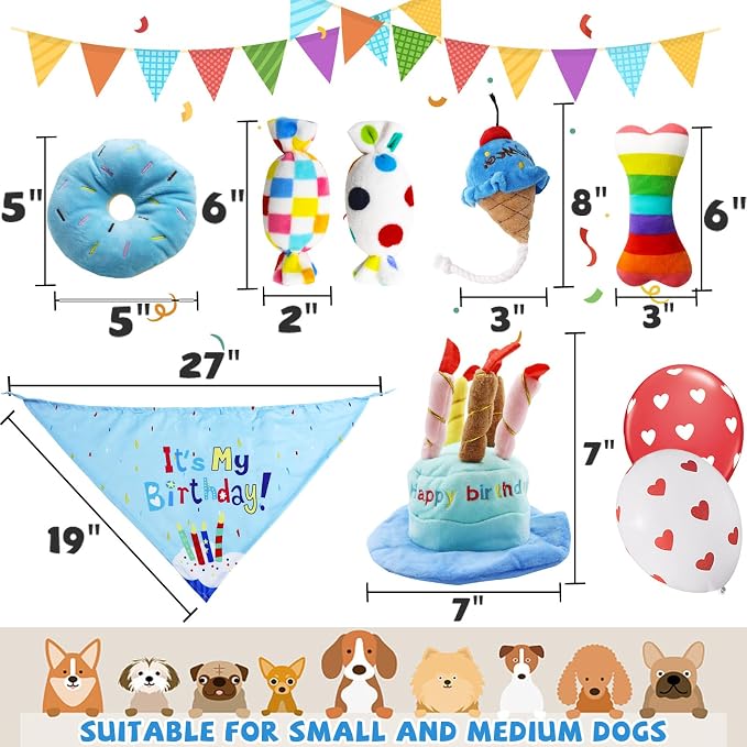 lilfrd 9Pcs Blue Dog Birthday Toy Set, Squeaky Hat Bandana Gift for Dogs | Birthday Gift Pack, Soft Plush, Small Medium Puppy Friendly