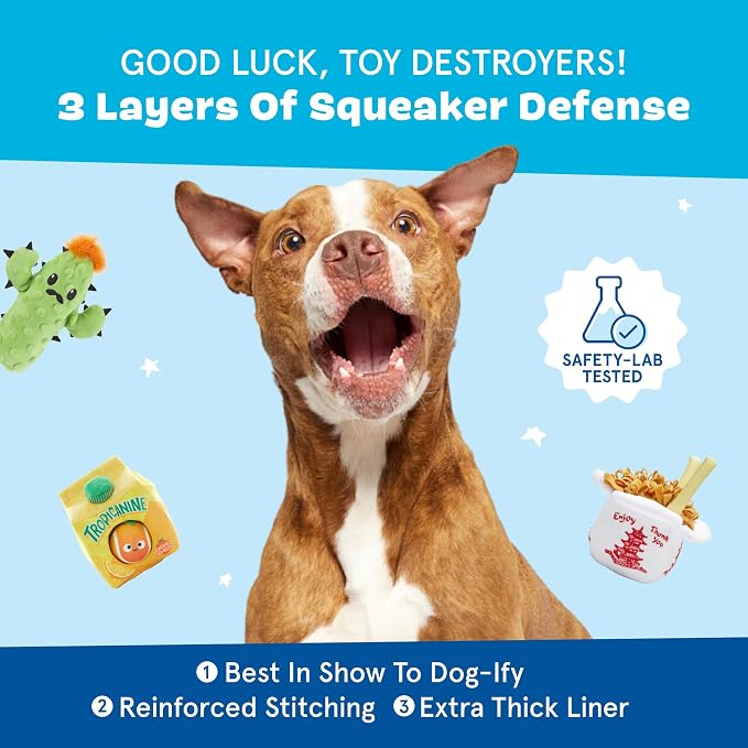 BarkBox Chewz Ballz Dog Toy - 3-in-1 - for Medium to Large Dogs | Plush Set with 2 Squeakers, Crinkle & Treat-Hiding Can