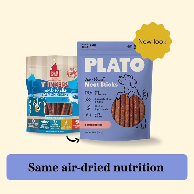 Plato Meat Sticks Salmon Dog Treats, Air-Dried High-Protein Soft Chews with Omega Fish Oil (EPA & DHA), 18 oz
