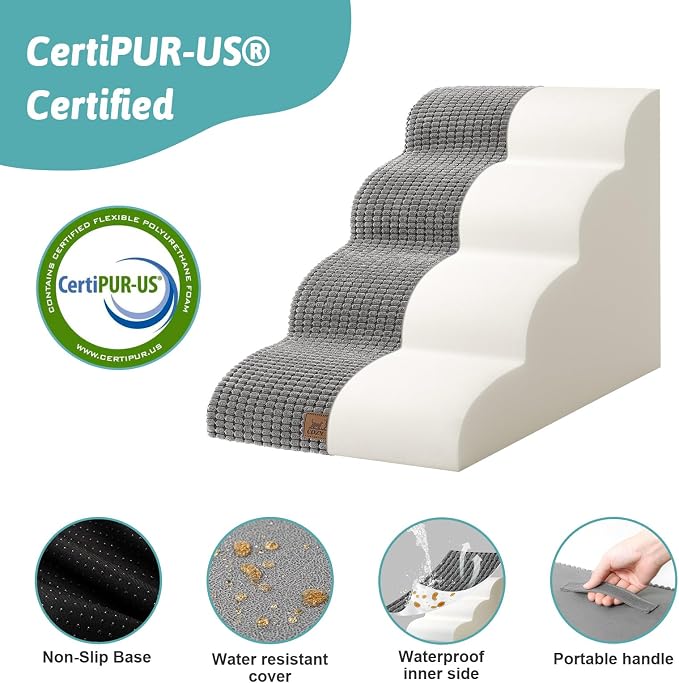 COZY KISS Dog Stairs for Small Dogs 19.7" H, Curved Dog Step for Puppy, Older or Cat, Medium Pet Ramp for Sofa, Couch or Bed, Ladder with High Density Foam, 4 Step, 15.7x28.3x19.7 inch, Dark Grey