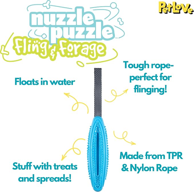 PetLove Nuzzle Puzzle Fling N Forage Stick, Interactive, Dual Textured, Enrichment, Foraging Dog Treat Toy, Retrieval & Fetch Toy, Fill with Treats, Paste and Food