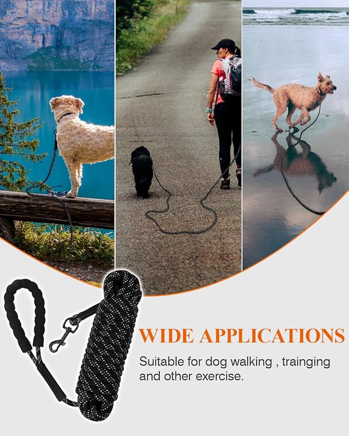 Taglory Long Dog Leash, 15FT 30FT 50FT 66FT Reflective Dog Recall Training Leash with Soft Padded Handle for Beach, Park, Outdoor Adventures, Large Dogs, Black 30FT