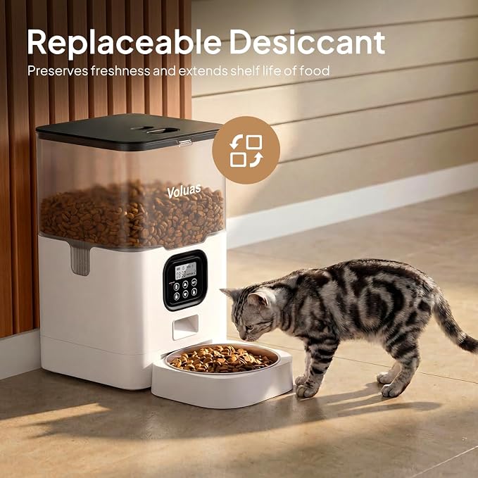 VOLUAS Automatic Cat Feeders - Pet Food Dispenser for Dry Food, Timed Cat Feeder with Desiccant Bag, Programmable Portion Size Control 4 Meals Per Day, 10s Voice Recorder