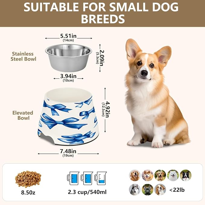 YETTASBIN Blue Bow Elevated Dog Bowls, Prevention of Vertebrae Disease Raised Dog & Cat Bowl Stand with Removable Stainless Steel Bowls, Non-Slip Spill-Proof Pet Food & Water Bowl Dish
