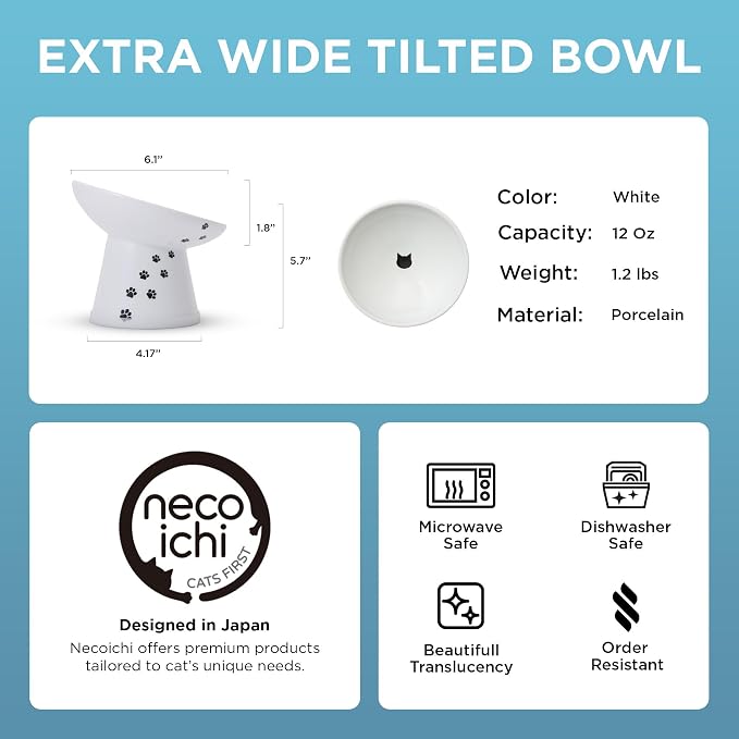 Necoichi Raised Cat Food Bowl – Ceramic Elevated 15° Tilted Cat Bowl for Whisker & Neck Fatigue, Dishwasher Microwave Safe Non-Slip Anti Vomiting Ergonomic Design (Extra Wide Tilted, 1.5-Cup Capacity)