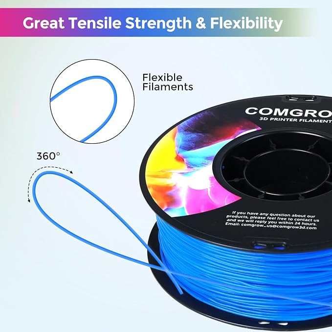 Comgrow TPU Filament 1.75, 3D Printing Filament, Flexible 3D Printer Filament, 95A Soft 3D Printing Filament fit Most 3D Printers Dimensional Accuracy +/- 0.02mm Filament TPU Blue 1kg (2.2lbs)